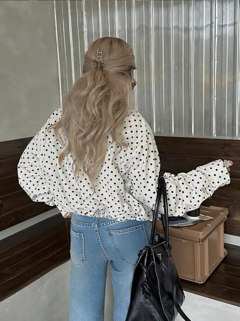 ✨ NWT Polka Dot Cropped Bomber Jacket Zip Up Windbreaker White Black S - Picture 2 of 11
